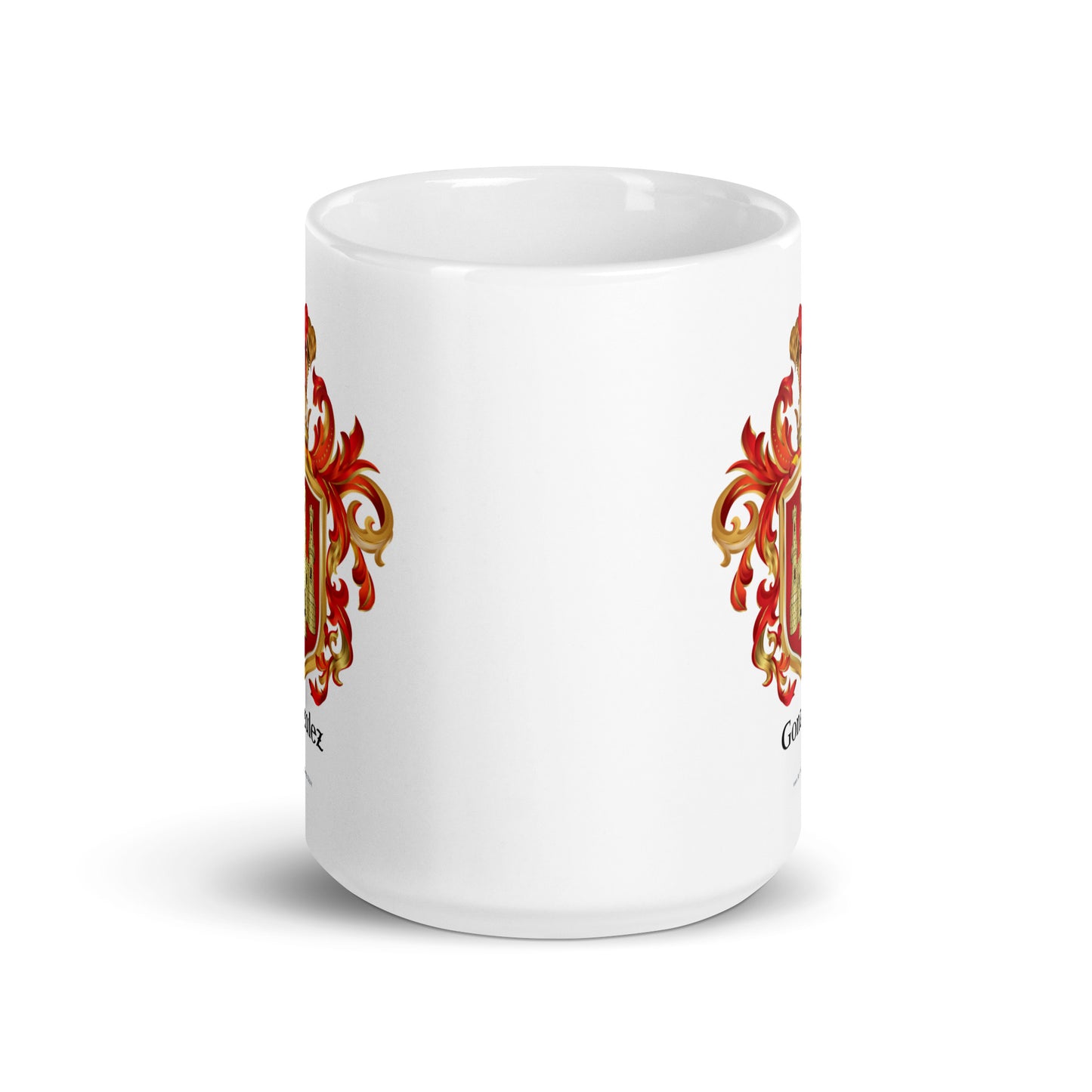 A white with the Gonzalez Family Crest showing on opposite sides