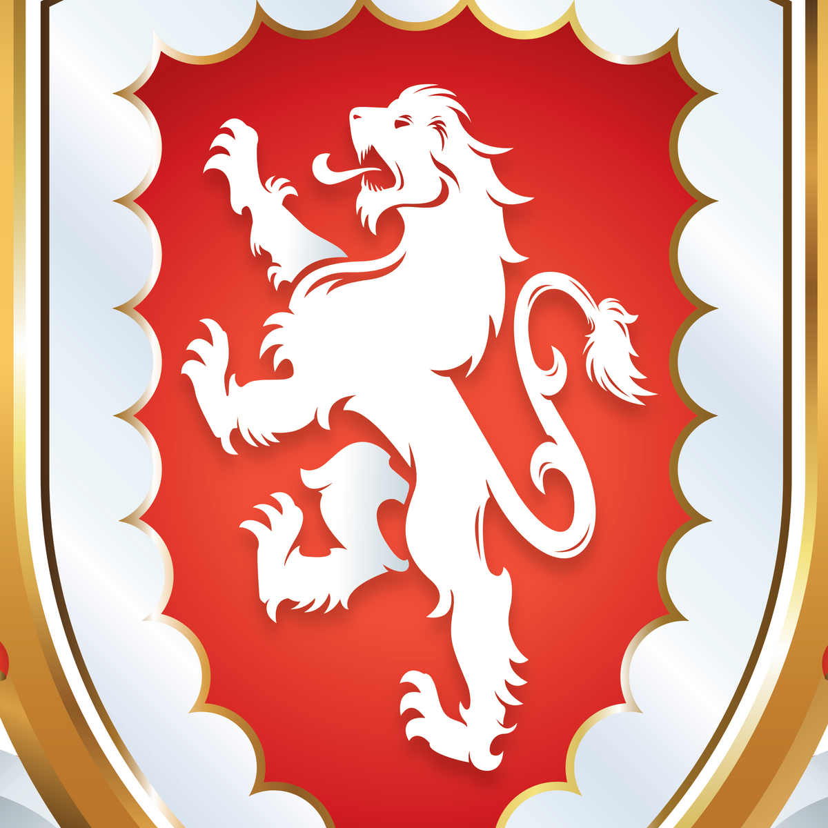 A close-up of the Grey Family Coat of Arms featuring a white standing lion on a red background, with a white border with  scalloped edges.