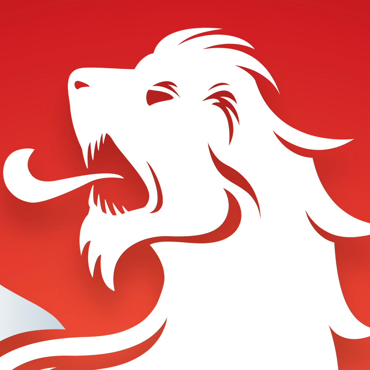 A close-up of the Grey Family Coat of Arms featuring a stylized white lion head with an open mouth and long mane on a solid red background.