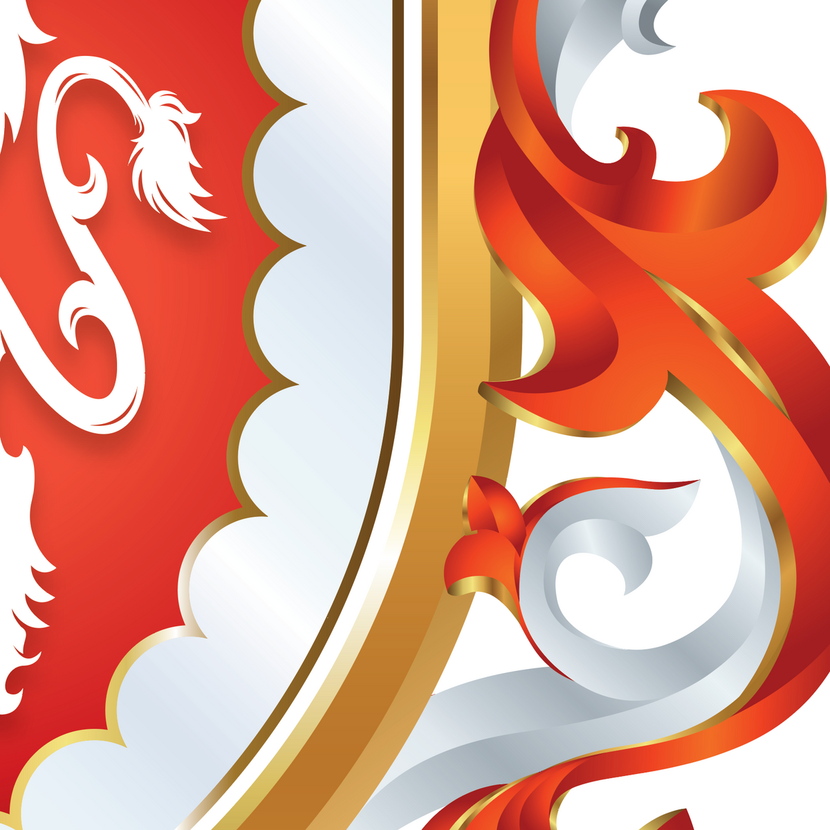 A close-up of part of the Grey Family Coat of Arms showing the red and white mantling and part of the gold rimmed shield and the lion's tail, on a white background.