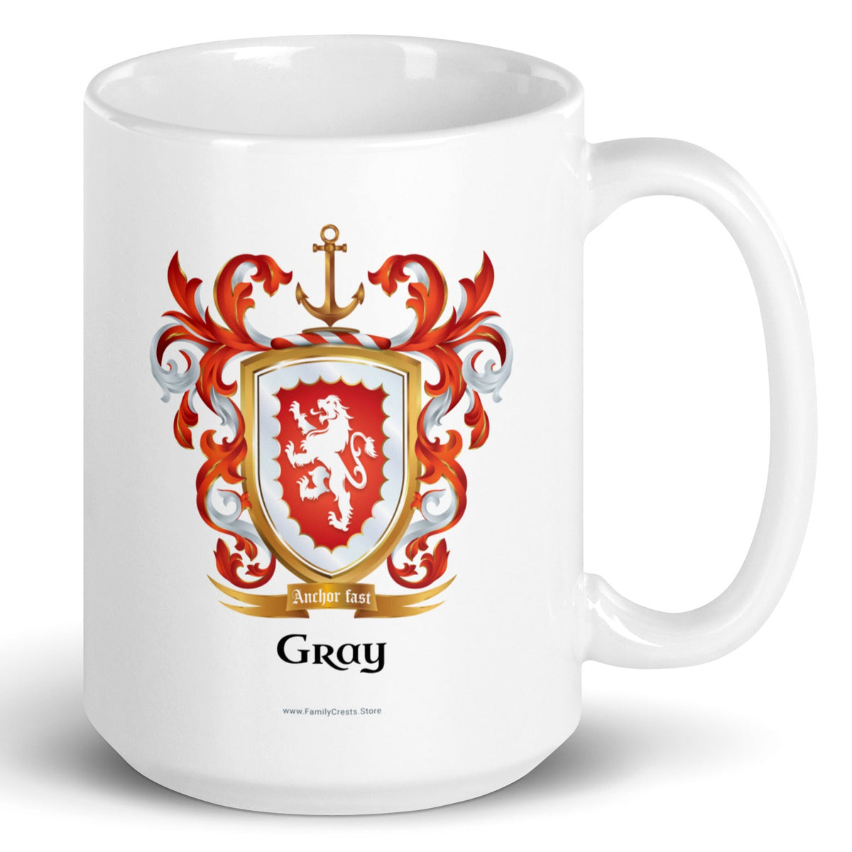 A white mug with handle to right, on a white background, printed with the Gray Family Crest featuring a red shield and white lion and a gold anchor on the crest.