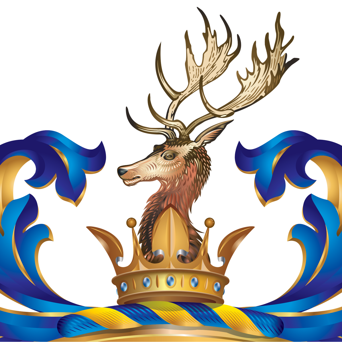 A closeup of the Green Family Crest with a stag ]s head with large antlers emerging from a crown, surrounded by blue and gold mantling on a white background.