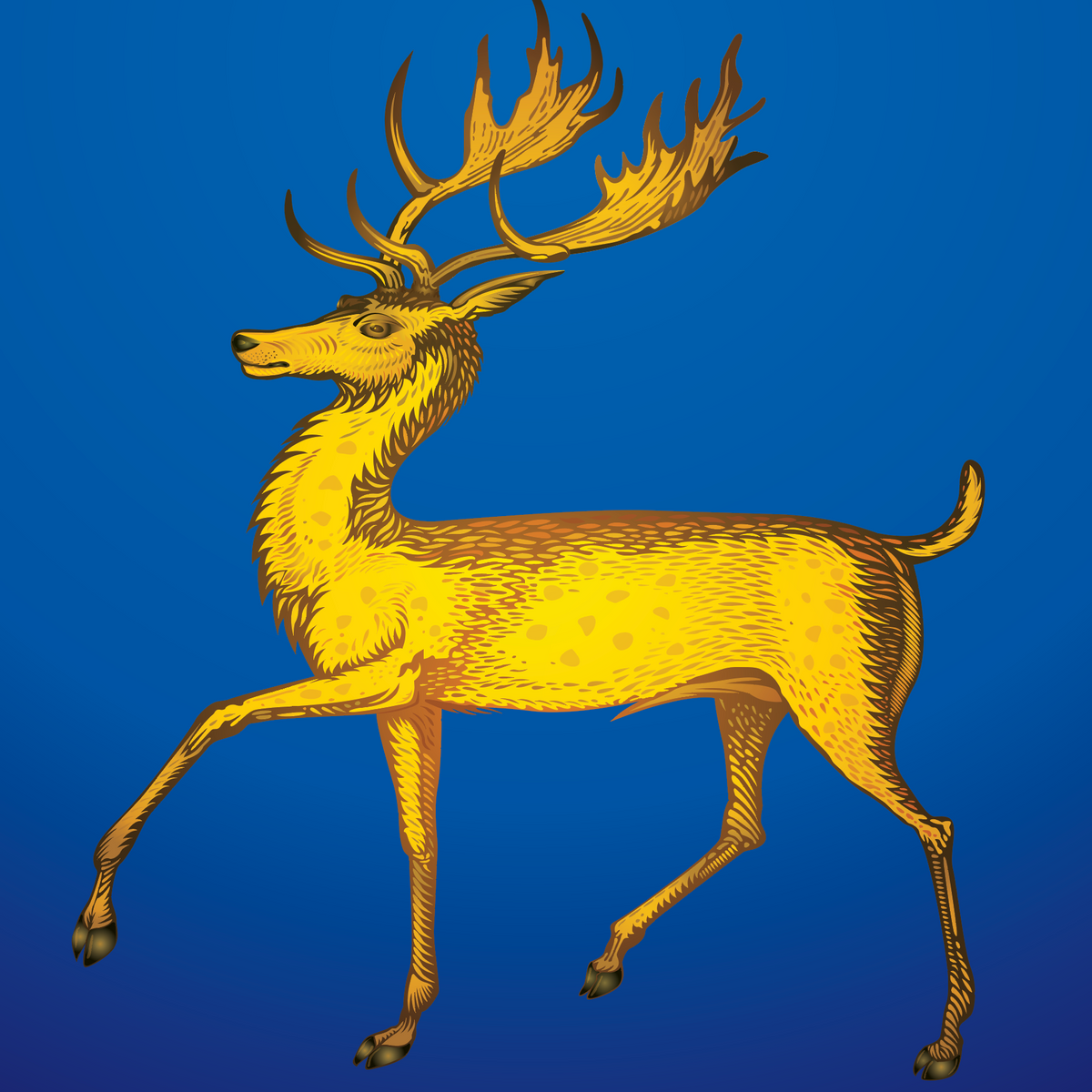 A closeup of the Green Family Crest featuring a golden deer with large antlers, shown in profile against a blue background.