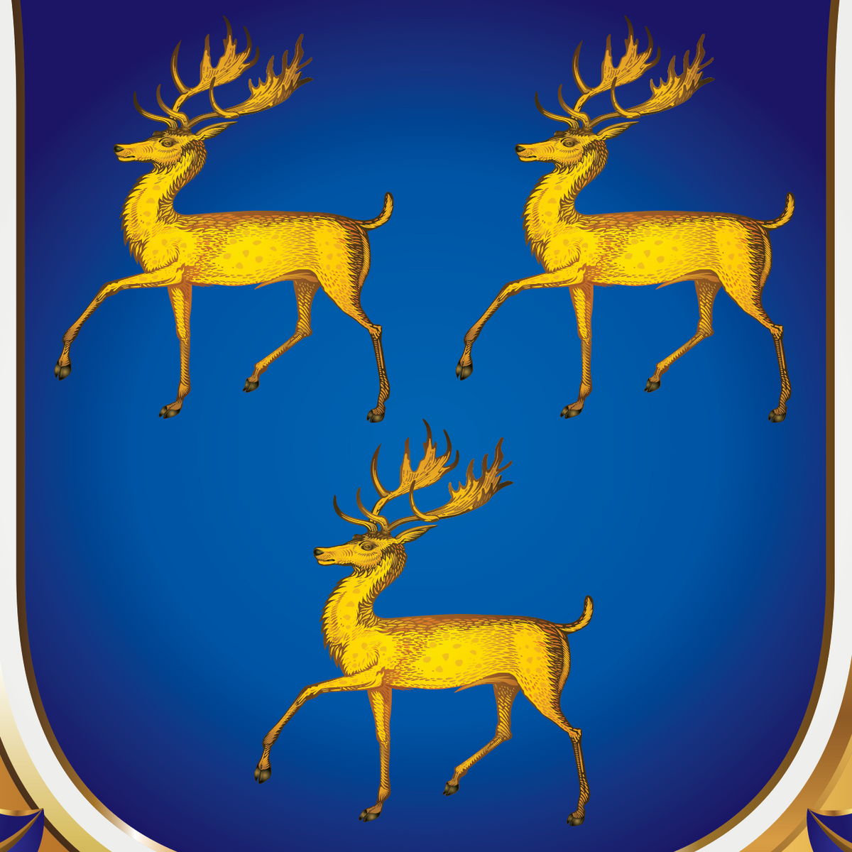 A closeup of the Green Family Crest with a royal blue shield featuring three golden stags.