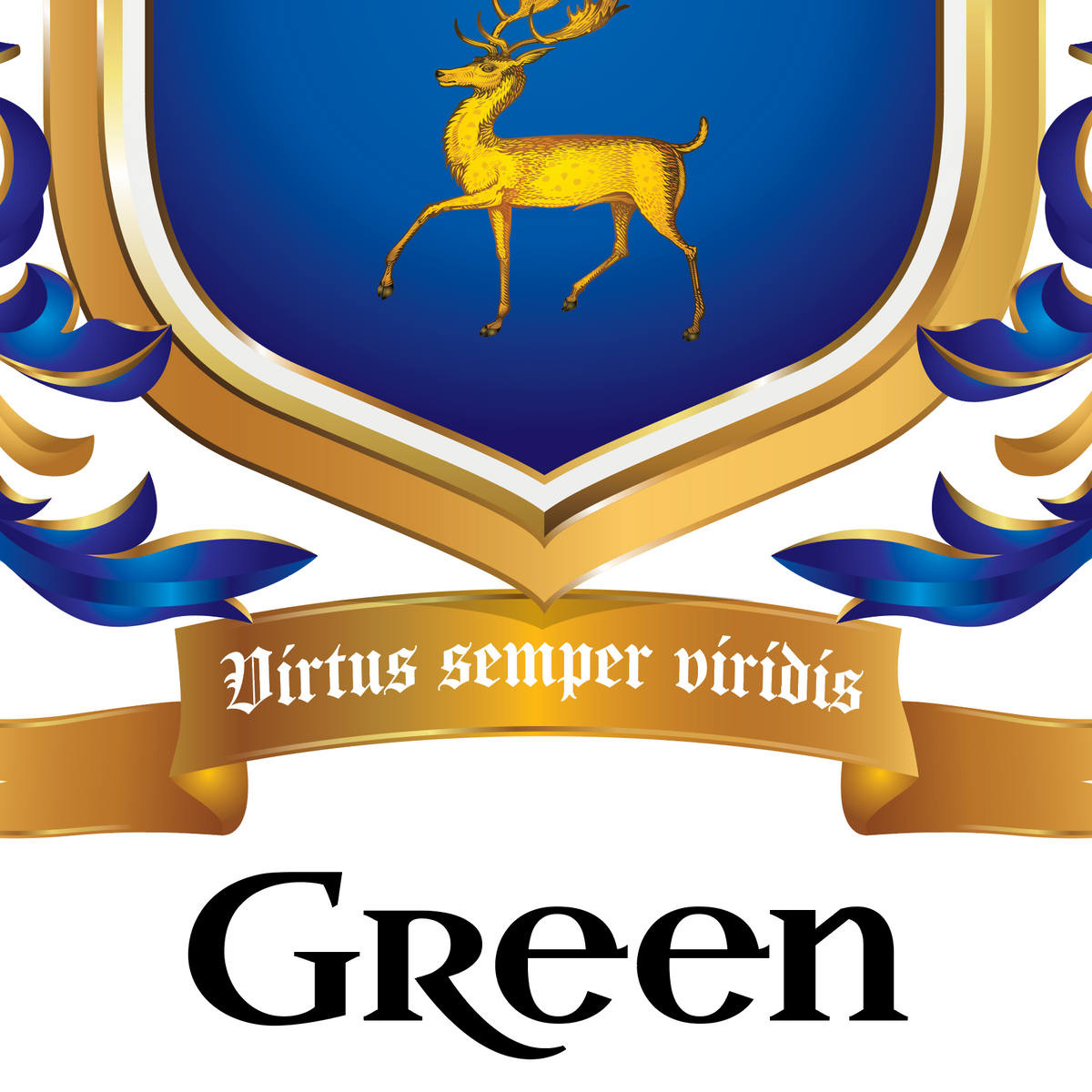 A closeup of the Green Family Crest with a blue shield, gold deer, blue and gold decorative flourishes, a gold motto banner reading 'Virtus semper virdis,' and the word 'Green' below in large black serif text on a white background.