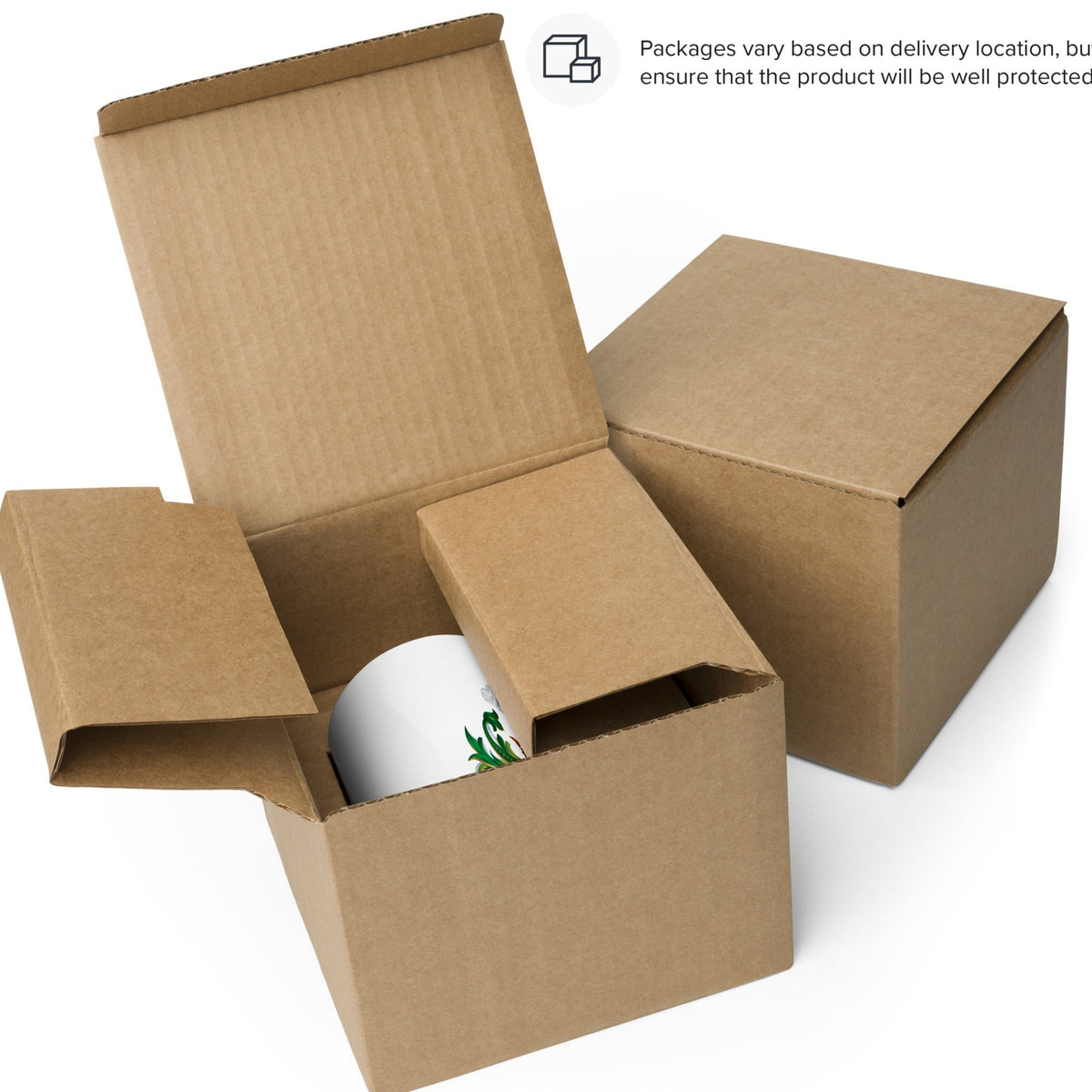 Open cardboard box with a white mug inside on a white background