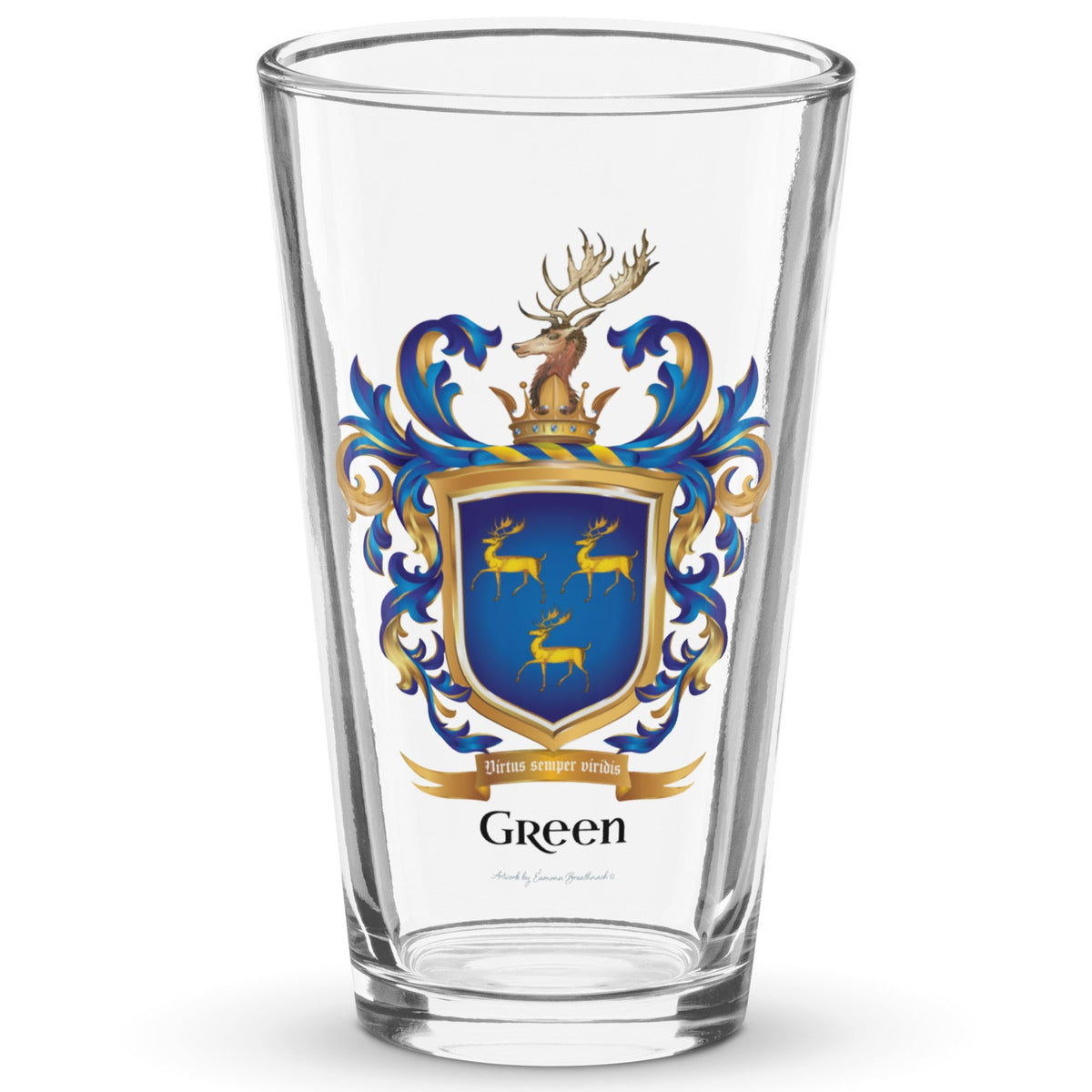 A classic clear pint beer glass on a white background with the Green Family Crest printed on the glass featuring 3 gold stags on a blue shield with a stags head on the crest above the shield.