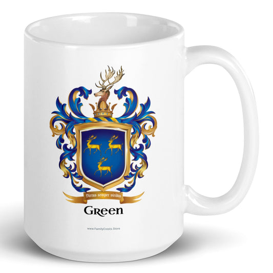 A white bug with a beveled base on a white background with the Green Family Crest printed on the mug featuring 3 gold stags on a blue shield with a stags head on the crest above the shield.