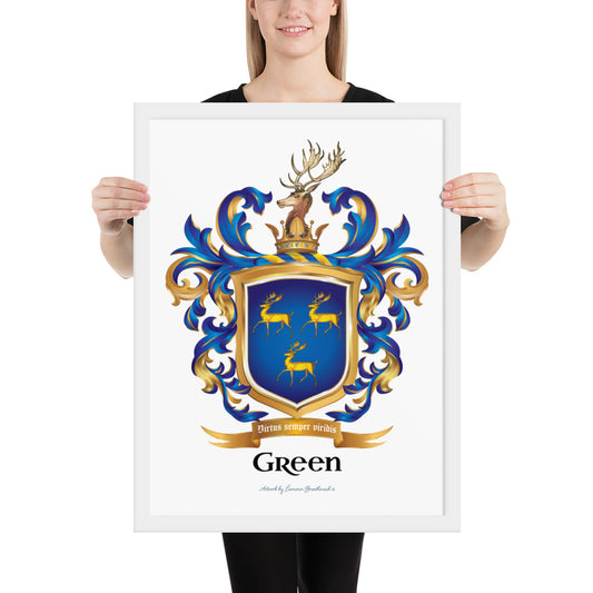 A woman standing at a white background with a white framed print of the Green Family Crest featuring 3 gold stags on a blue shield with a stags head on the crest above the shield.