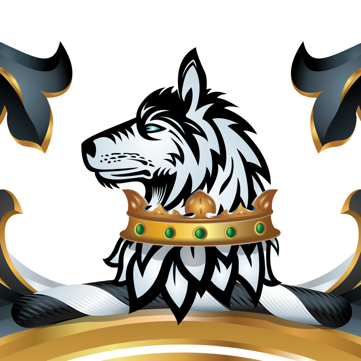 A closeup of the Hall coat of arms featuring a white wolf head in profile wearing a gold crown with green jewels around it's neck, centered on the crest of the top of the shield.