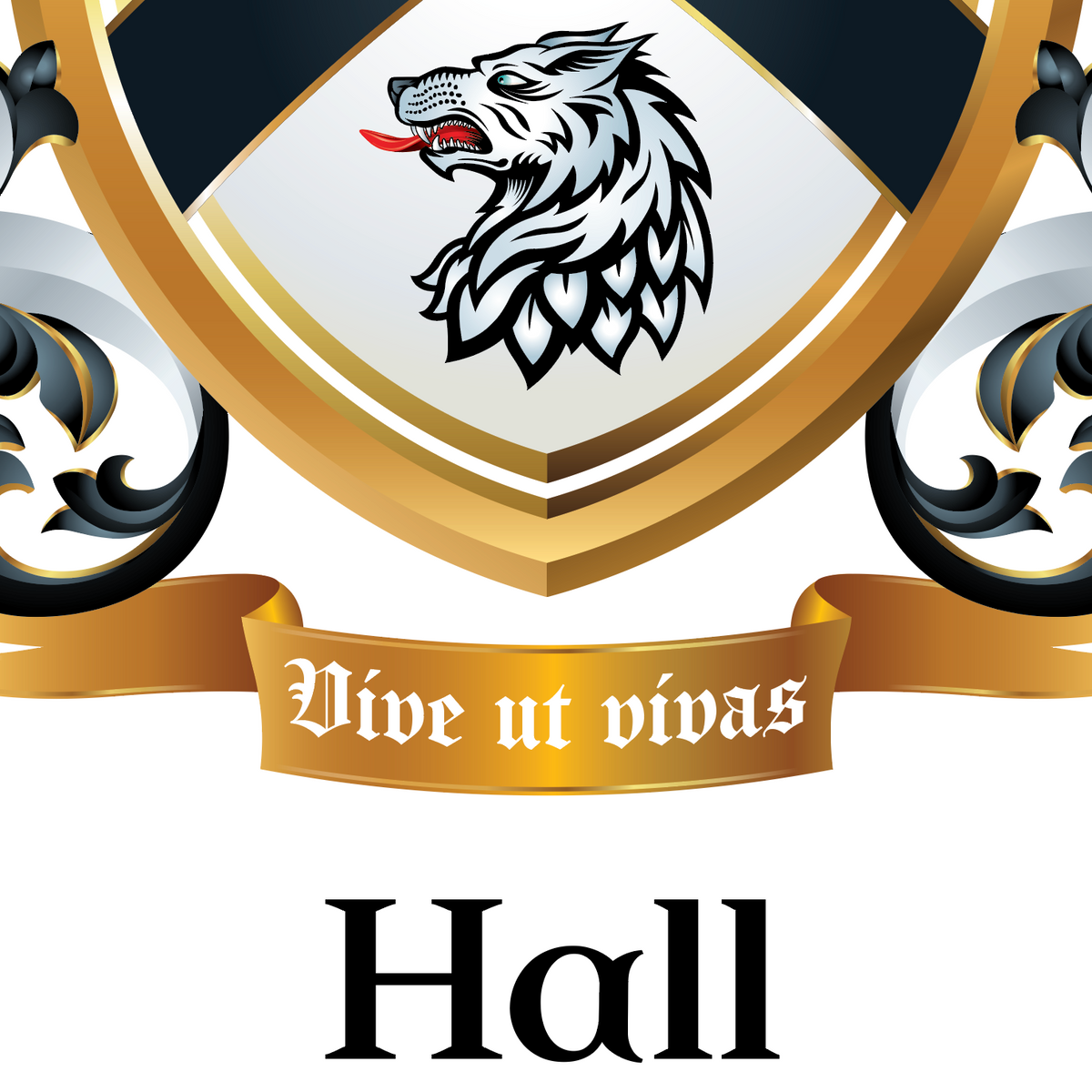 A closeup of the Hall coat of arms with white wolf head inside a gold-bordered shield, a gold motto scroll reading 'Vive ut vivas,' and the family name 'Hall' below on a white background.