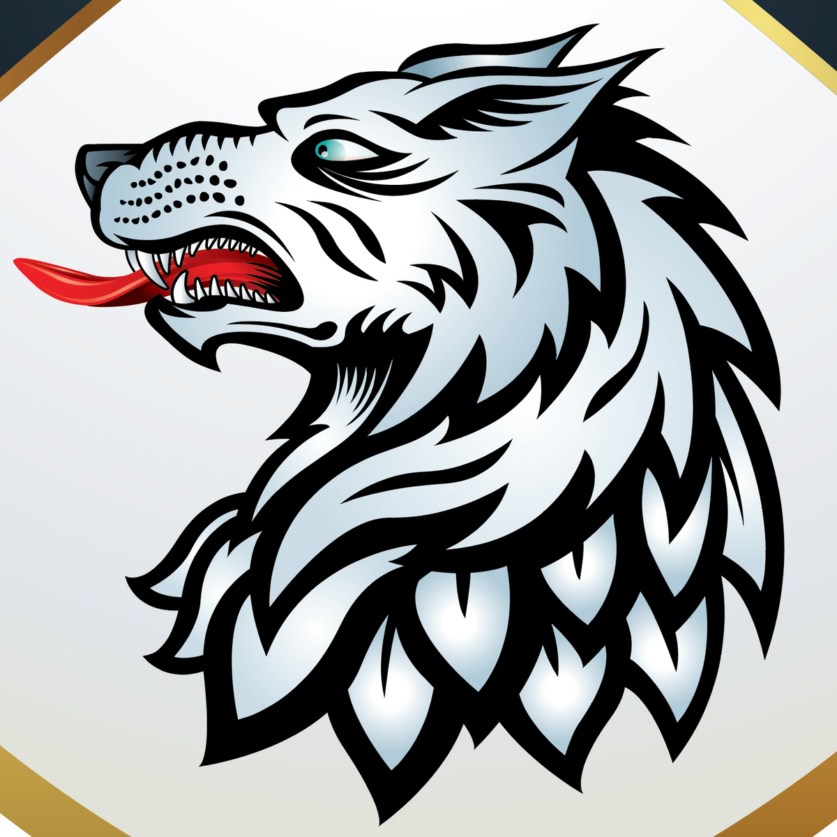 A closeup of the Hall coat of arms featuring a snarling wolf head in white, black, and gray, with a red tongue and blue eye, centered on a white shield  with gold border lines.