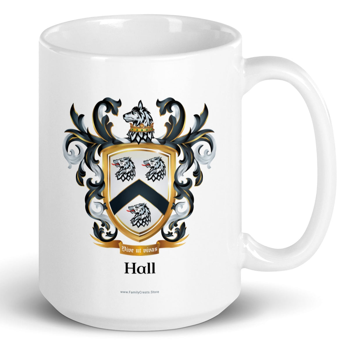 A white mug on a white backgrounf with the Hall Family Crest printed on it featuring a white shield with a black sheveron with two wolf heads above the cheveron and one beneth, and also a wolfhesf sitting on the crest of the shield with a gold crown around the wolf's head.