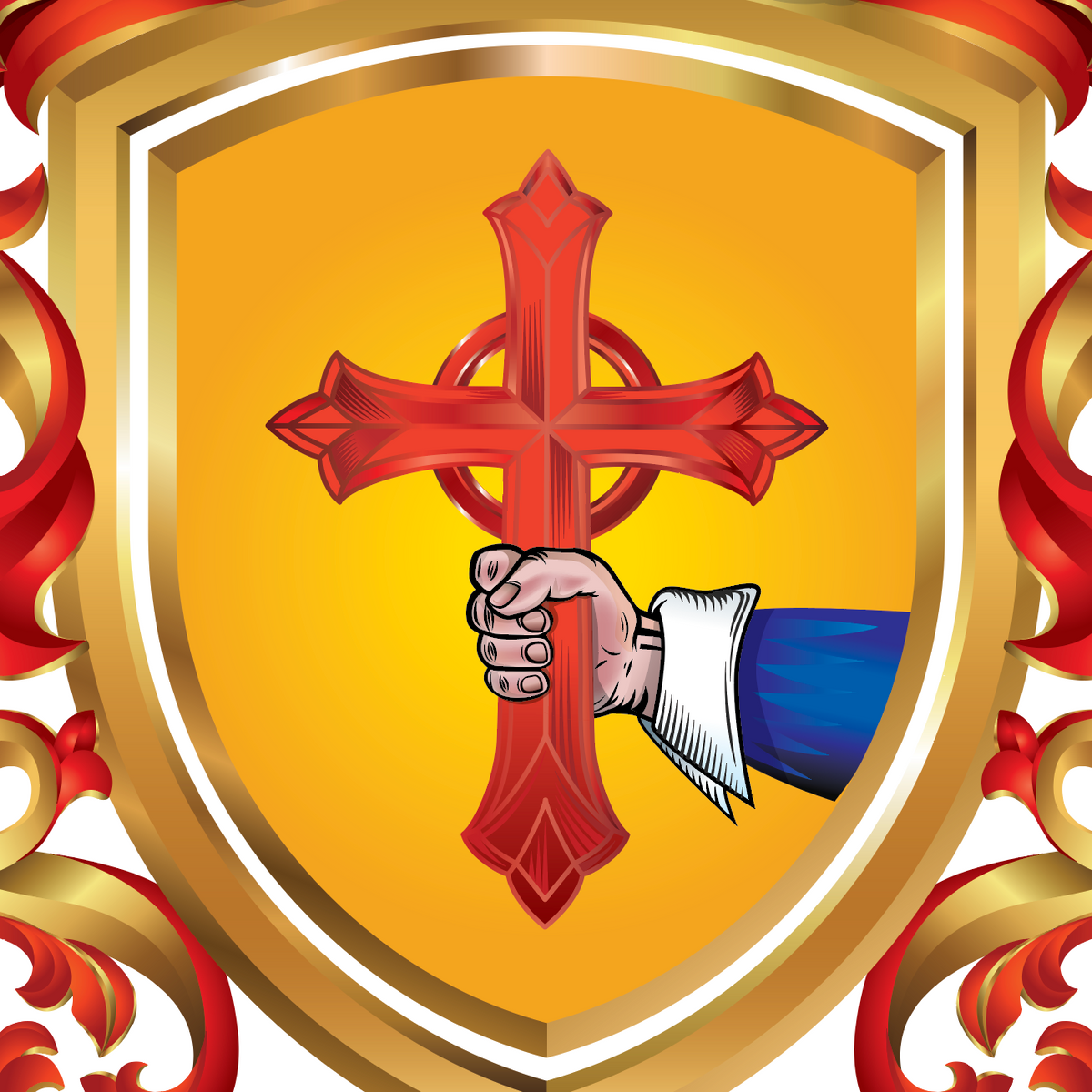 A stylized heraldic shield design with a gold and white border, red scrollwork accents, a red cross, and a hand holding the cross against a yellow background.