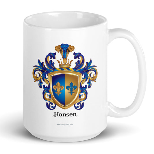 A white mug with the Hansen Family Crest mug featuring a blue and a gold fleur de lys - Family Crests Store