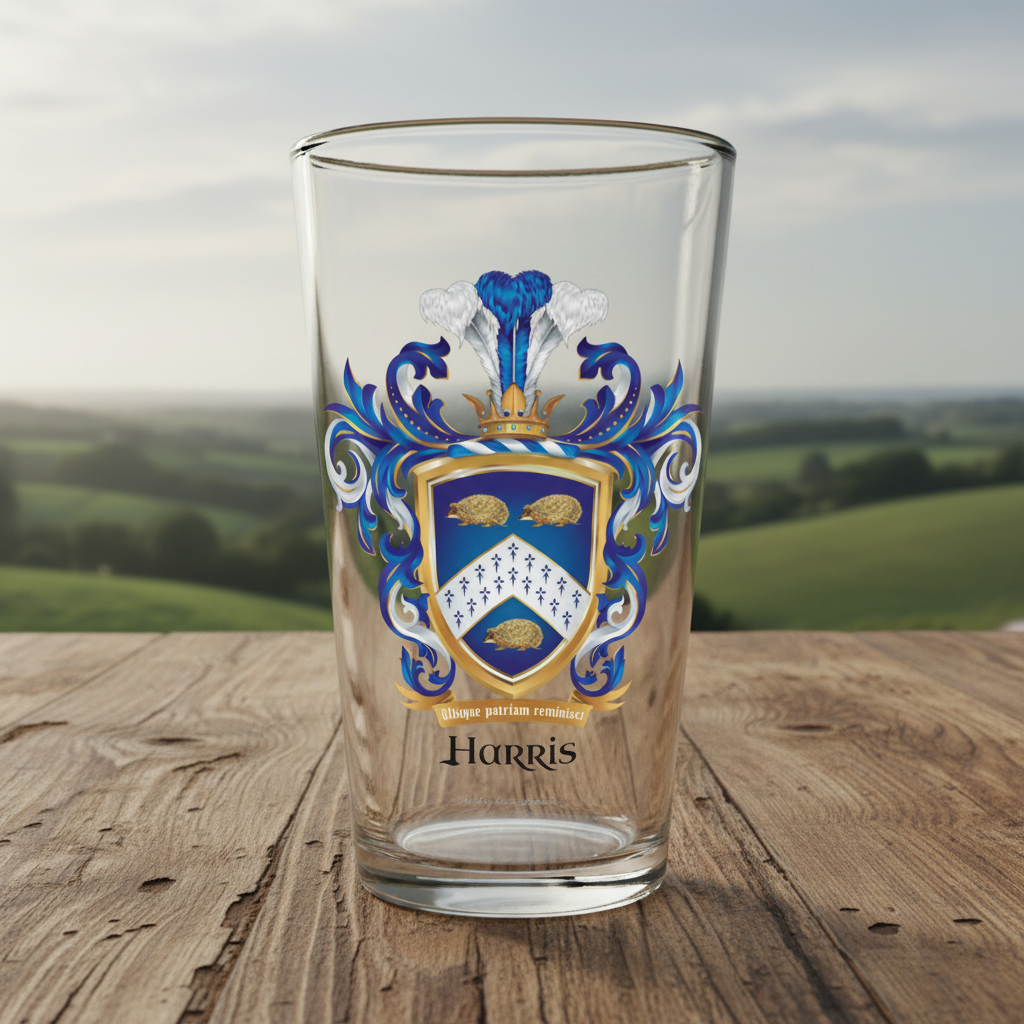 A clear pint beer glass with the Harris Family Crest on the front featuring 3 hedgehogs on a blue shield with a white chevron containing an ermine pattern pictured against a white background.
