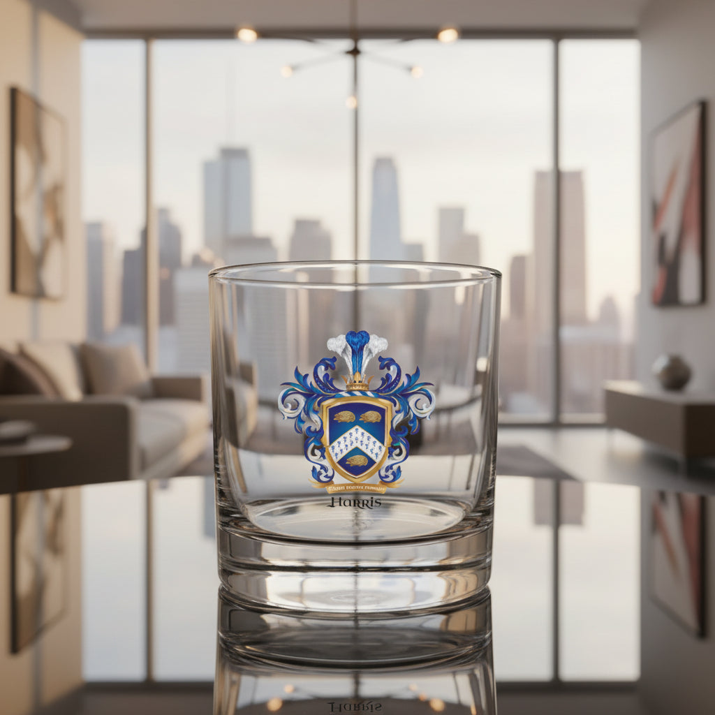 Clear glass with Harris-Family-Crests-rocks-glass on a table with city views in distance