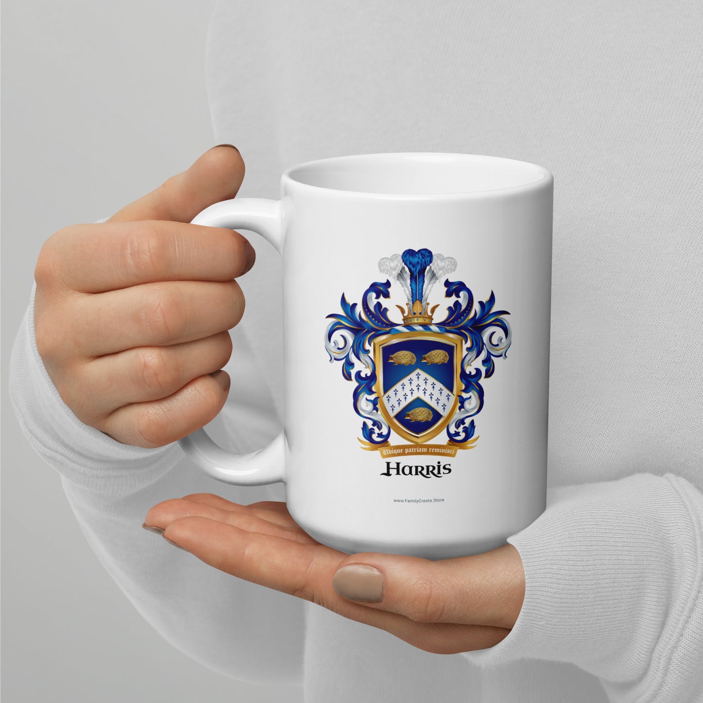 Hand holding a white mug with a Harris family crest design on a gray background