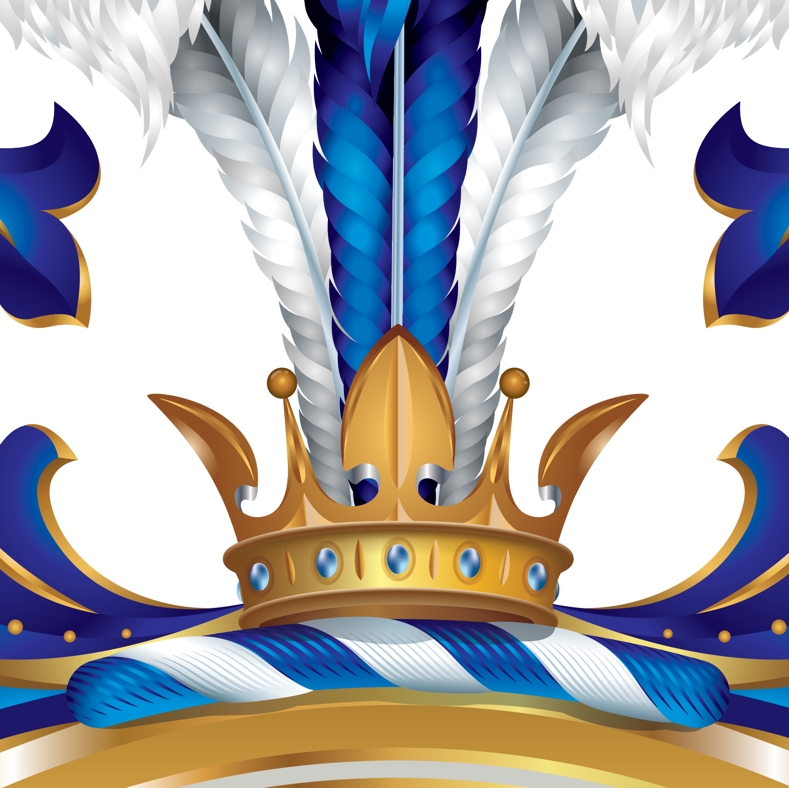 Harris Family Crest detailed closeup of decorative design with a gold crown, blue and white feathers, and blue and white striped ribbon on a white background.