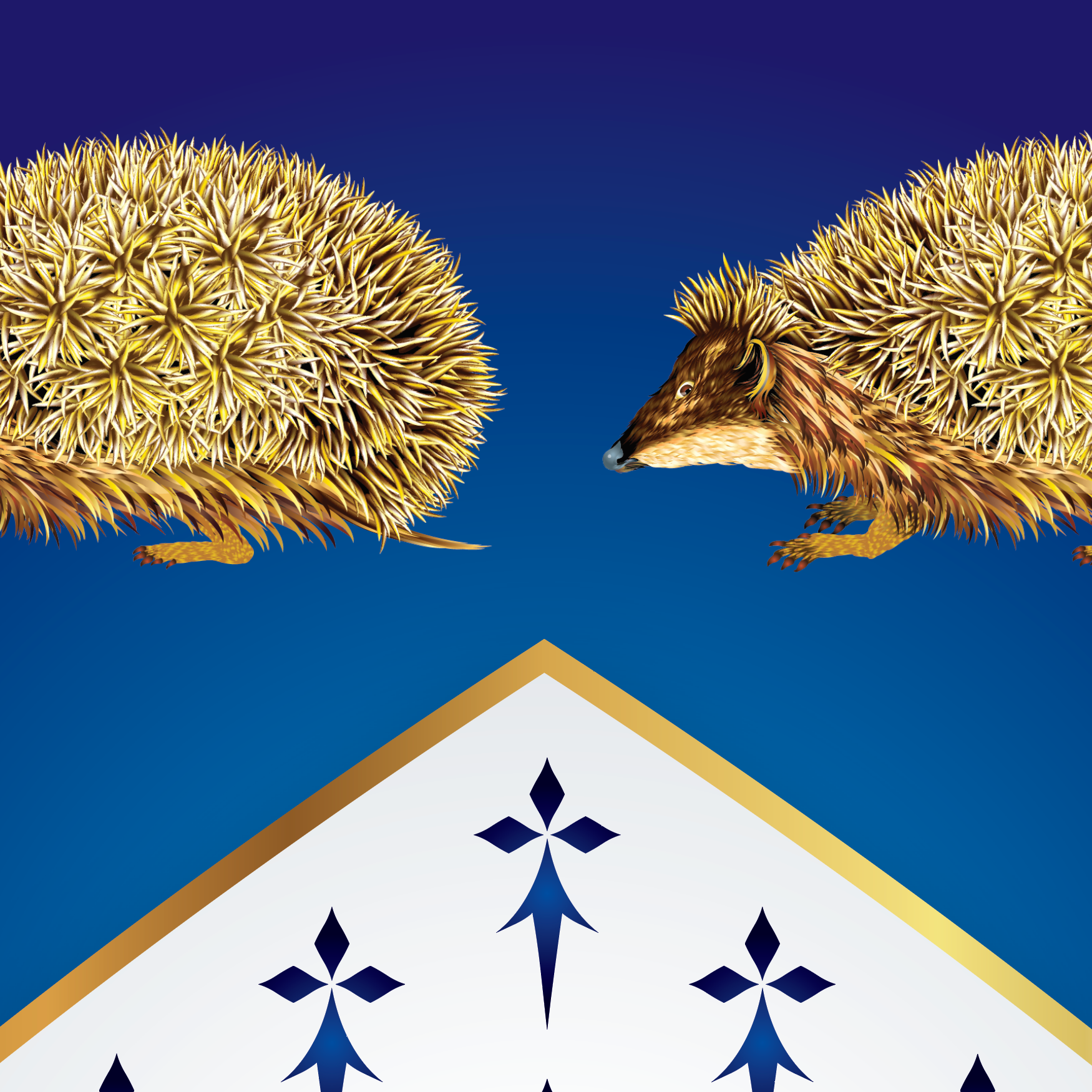 Harris Family Crest detail of Two hedgehogs facing each other against a blue background with a decorative white and blue border at the bottom.