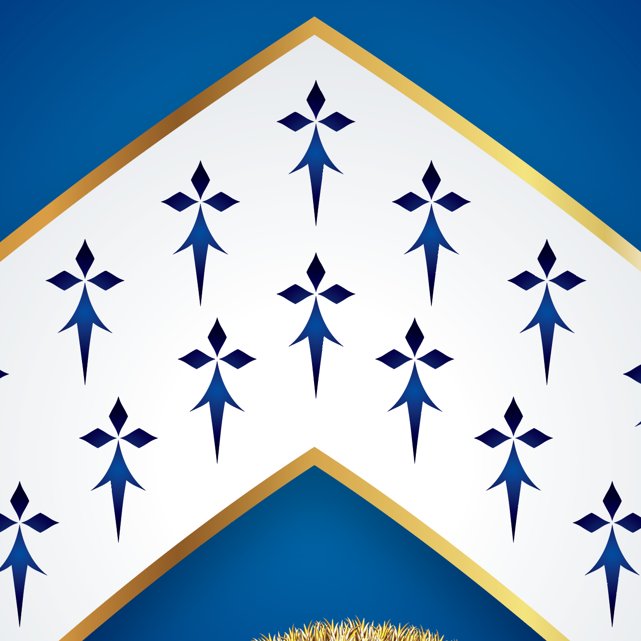 Harris Family Crest detailed closeup of decorative tile with blue star patterns on a white background, part of a larger geometric design.