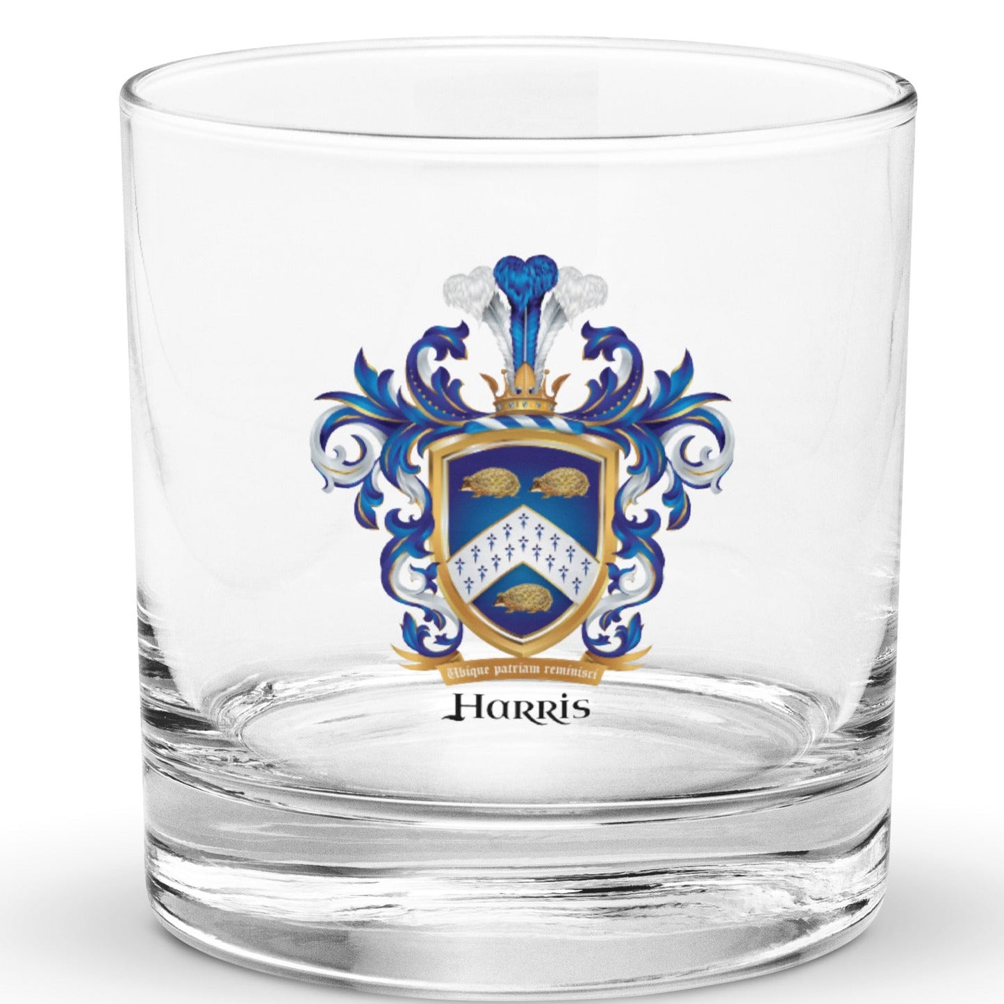 Rocks Glass with the Harris Family Crest  on a white background with the crest on the front featuring 3 hedgehogs on a blue shield with a white chevron containing an ermine pattern and also a motto under the shield.