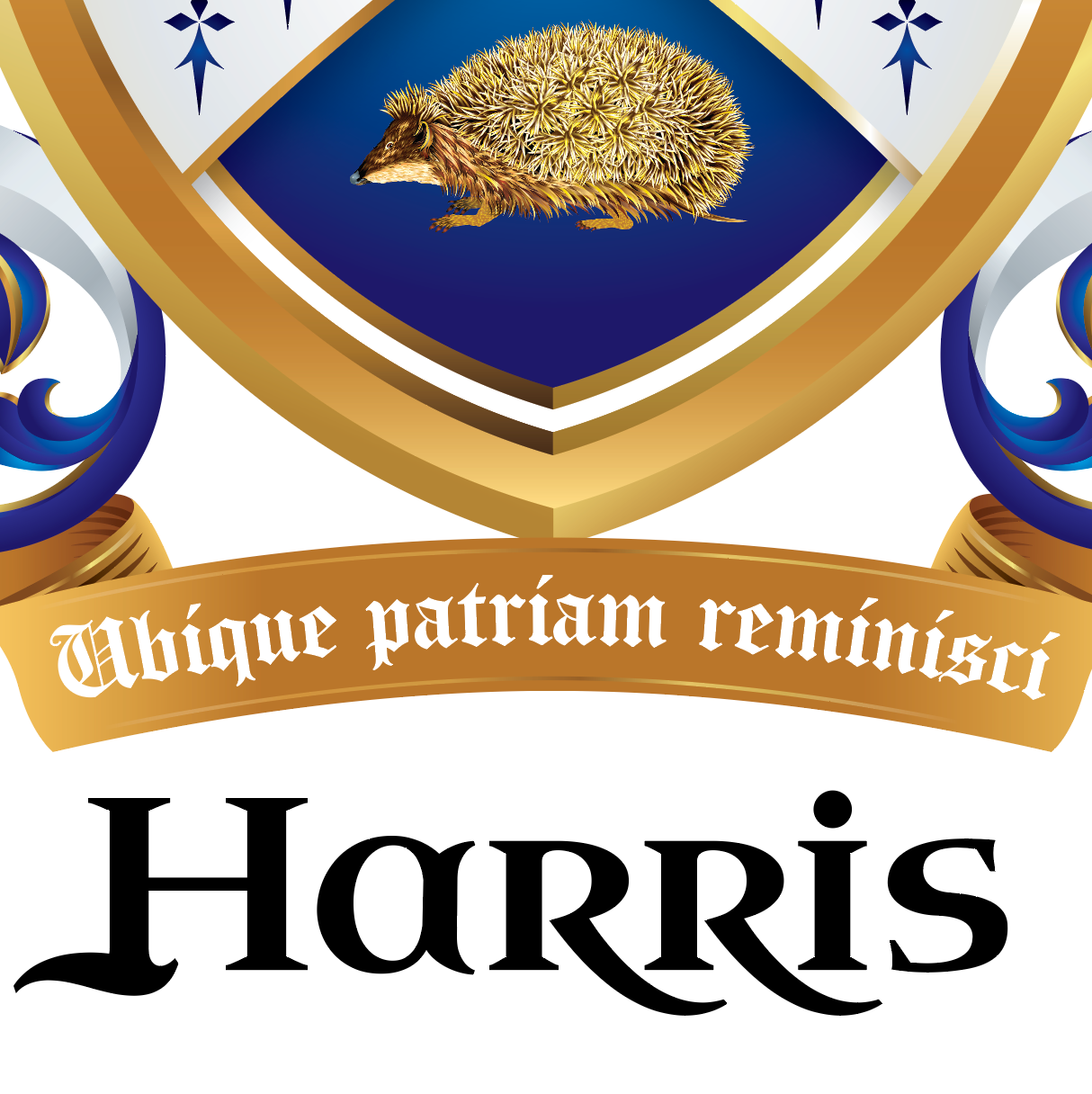 Harris coat of arms detail with a hedgehog, blue background, and 'Harris' text and motto in a gold ribbon