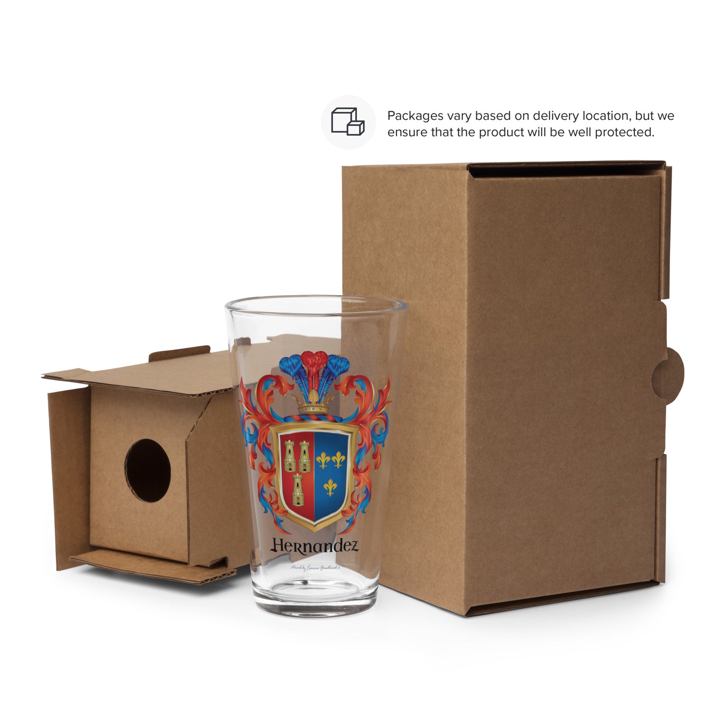 Glass with colorful Hernandez-Family-Crest in front of a cardboard box