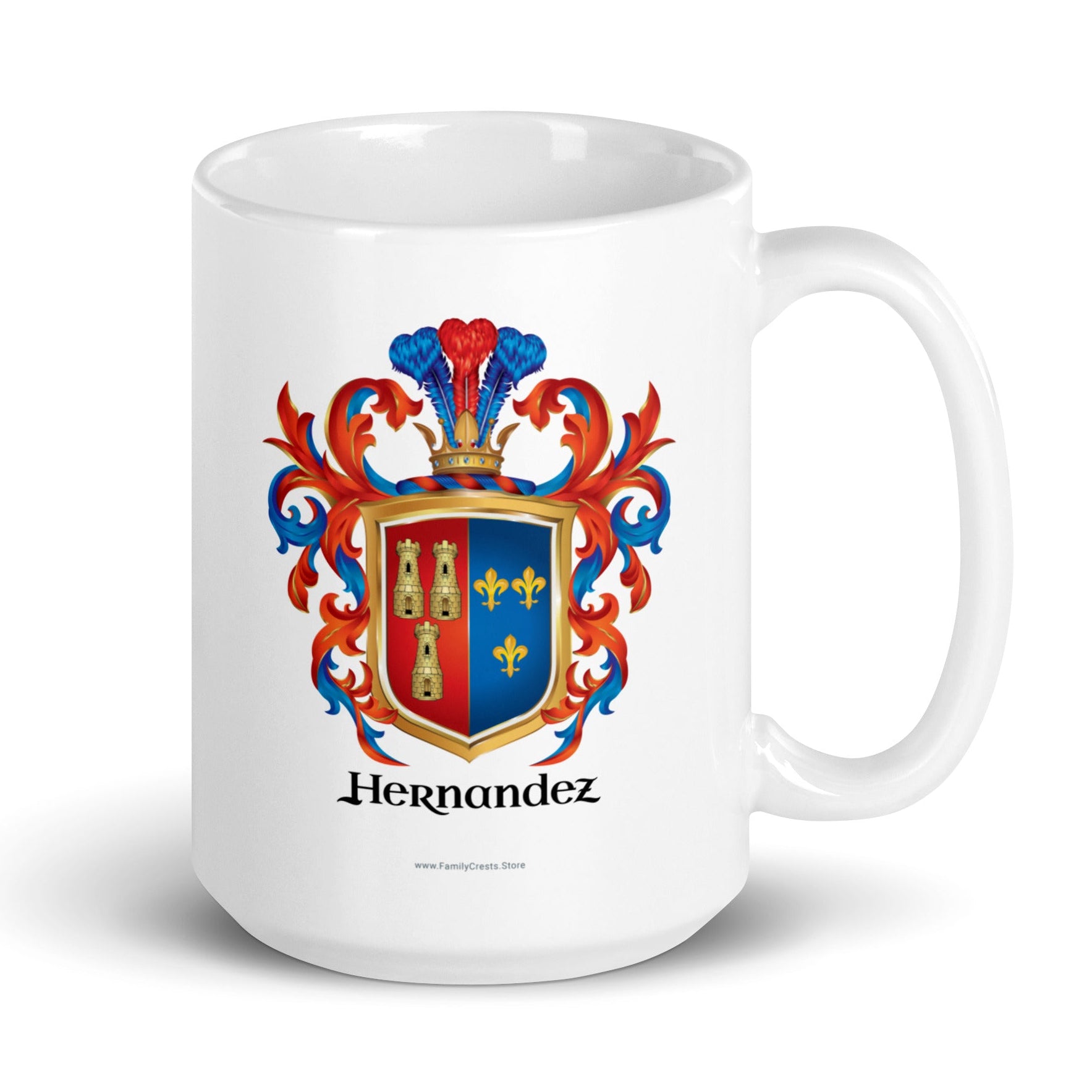 A white mug on a white background with the Hernandez coat of arms on the front of the mug featuring a two colour shield, red on left with 3 towers, blue on right  with 3 fleurs-de-lis, and 3 plumes rising from the crown on the crest sitting on top of the shield and the name Hernandez in black slightly stylised typography all surrounded by blue and and red mantling.