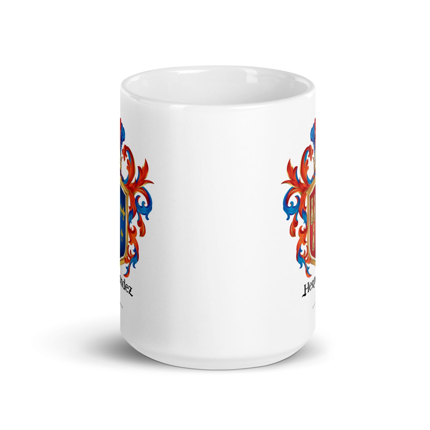 A white mug with the Hernandez coat of arms on the partially visible on opposite sides of on the mug showing the crest twice on the mug.