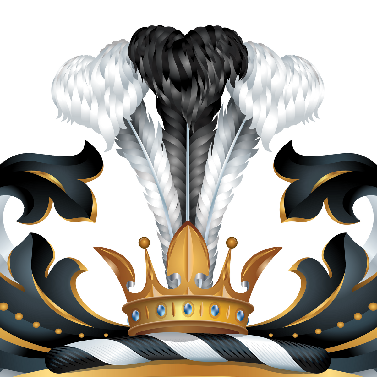 A closeup of the Hill coat of arms featuring a gold crown with black and white ostrich feathers on the crest of the shield, and black and white mantling with gold accents on a white background.