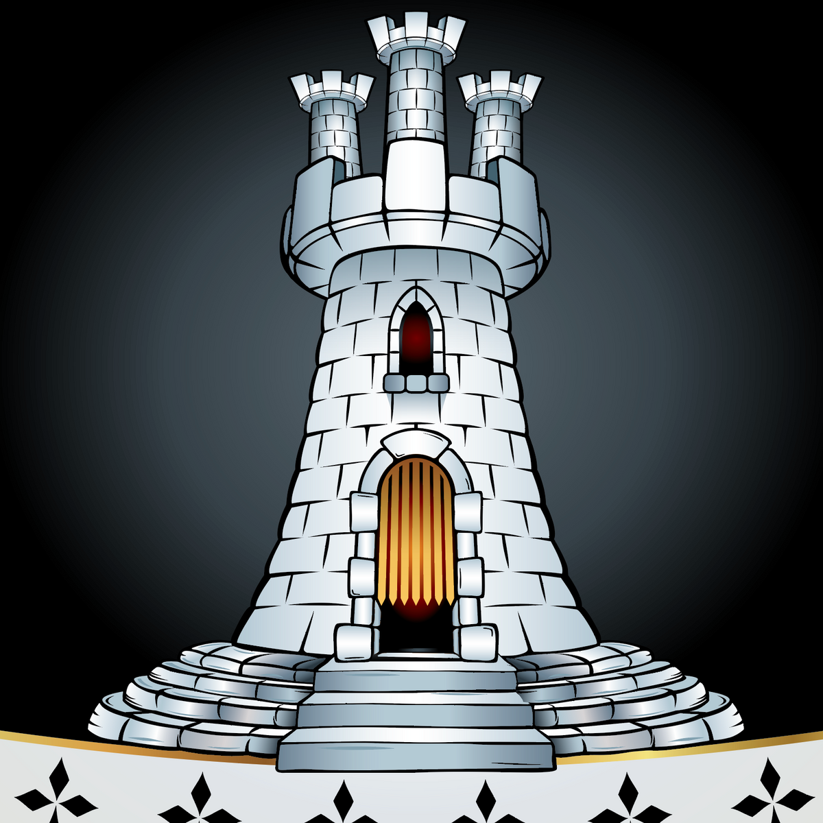 A closeup of the Hill crest showing a stylized illustration of a tall stone tower with crenellated turrets, a dark arched entrance, and glowing orange shutters, centered on a black background with decorative border elements.