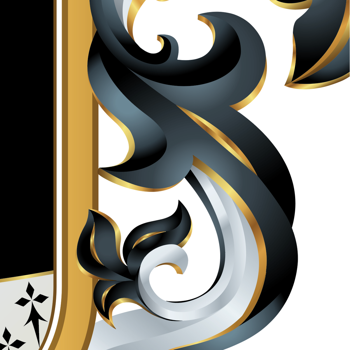A closeup of the Hill coat of arms featuring black mantling motif with metallic gold and silver edges on a white background.