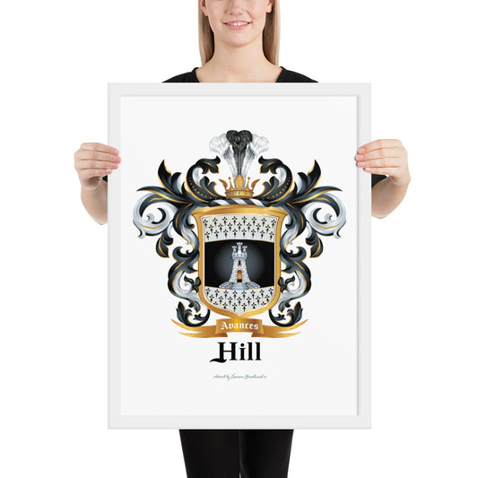 A woman standin in white space holding a white framed print of the Hill Family Crest which features a white tower with 3 small towers on top of it on a black and white shield with ermine patterns.