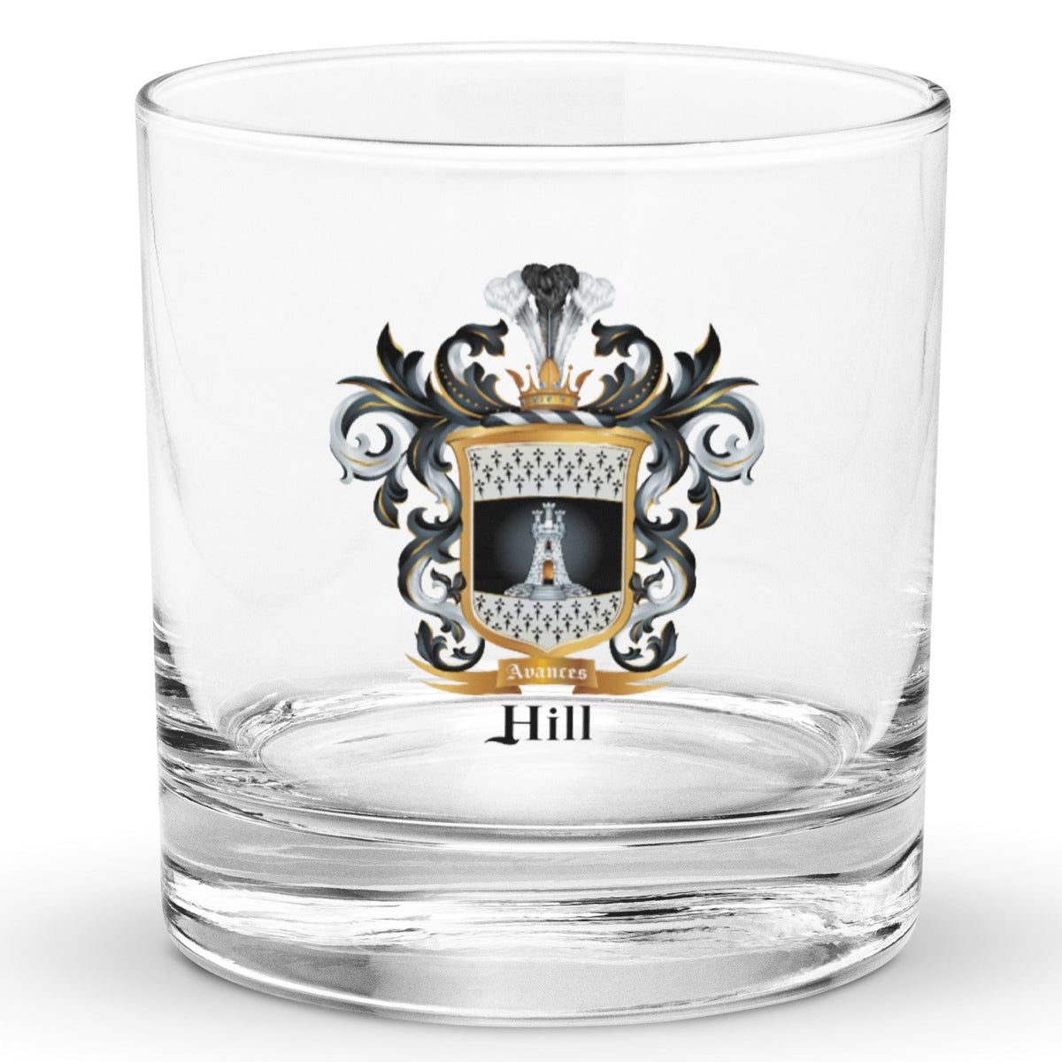 A classic heavy-base rocks / whiskey glass standing in white space with the Hill Family Crest which features a white tower with 3 small towers on top of it on a black and white shield with ermine patterns, printed on it.