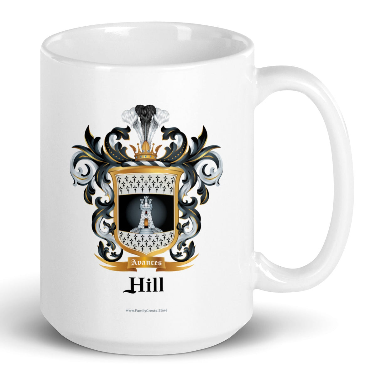 A white mug with the Hill Family Crest which features a white tower with 3 small towers on top of it on a black and white shield with ermine patterns.