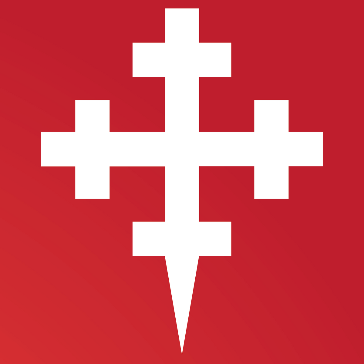 A close-up of the Howard Coat of Arms  white stylized cross emblem centered on a red background.