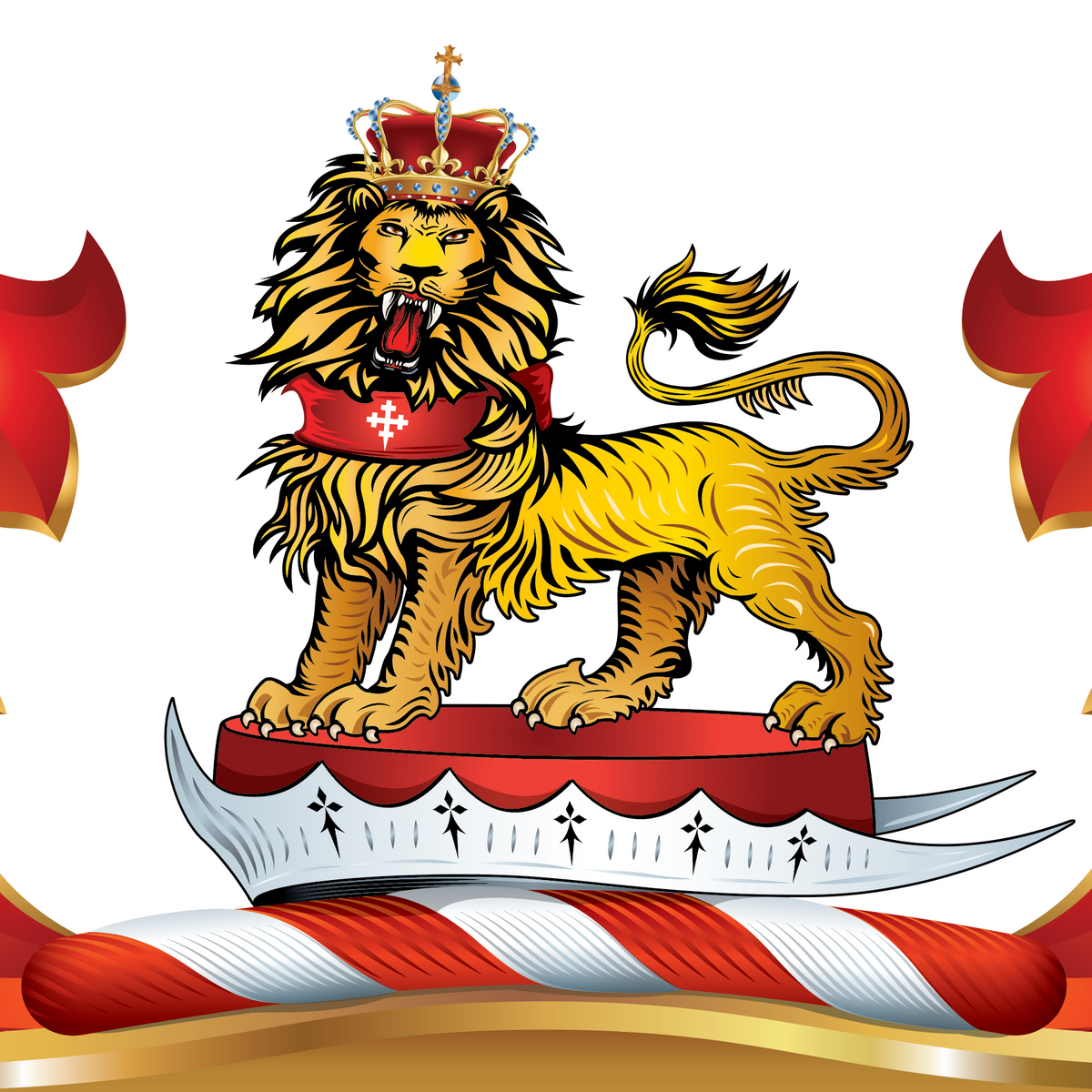 A close-up of the Howard Coat of Arms showing a golden lion wearing a red cross collar and crown, standing on a regal cap.