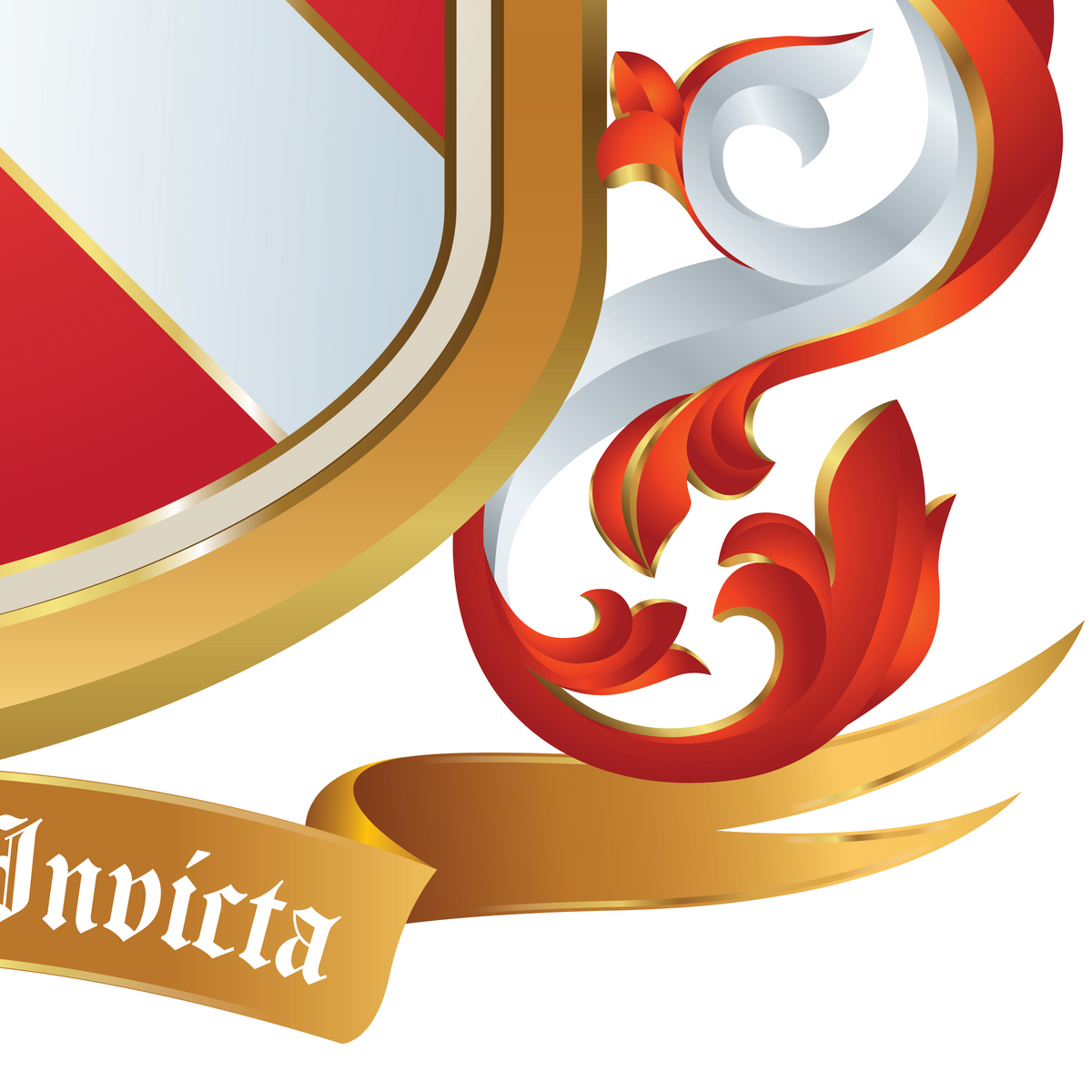 A close-up of the Howard Coat of Arms with a red and white shield, gold border, red and white scrollwork, and a gold ribbon with 'Invicta' written in white text.
