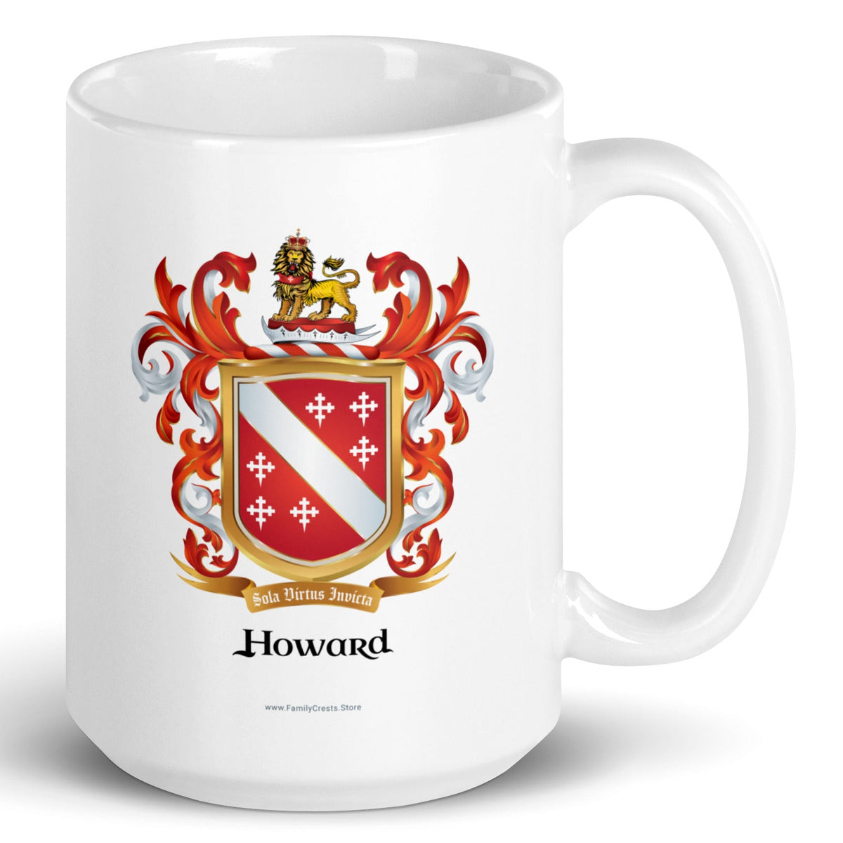 A white mug with handle to right, on a white background, printed with the Howard Family Crest which has a red shield with a white diagonal band and 6 white crosses.