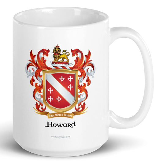 A white mug with handle to right, on a white background, printed with the Howard Family Crest which has a red shield with a white diagonal band and 6 white crosses.