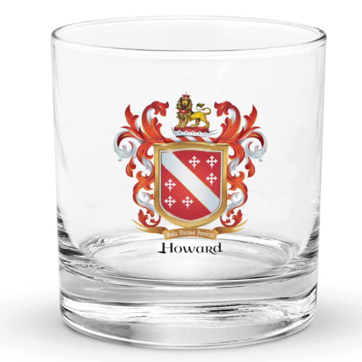 A clear classic heavy base rocks glass on a white background, printed with the Howard Family Crest which has a red shield with a white diagonal band and 6 white crosses.