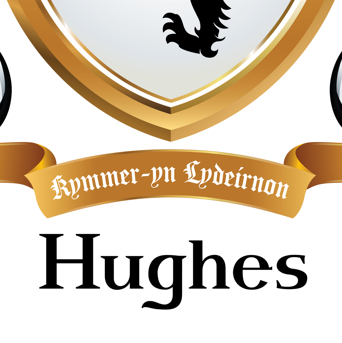 A close-up of the lower part of the Hughes Family Coat of Arms from Wales featuring a gold motto ribbon reading 'Rymmer-vn Lydeirnon,' and the name 'Hughes' in heraldic style serif text below on a white background.