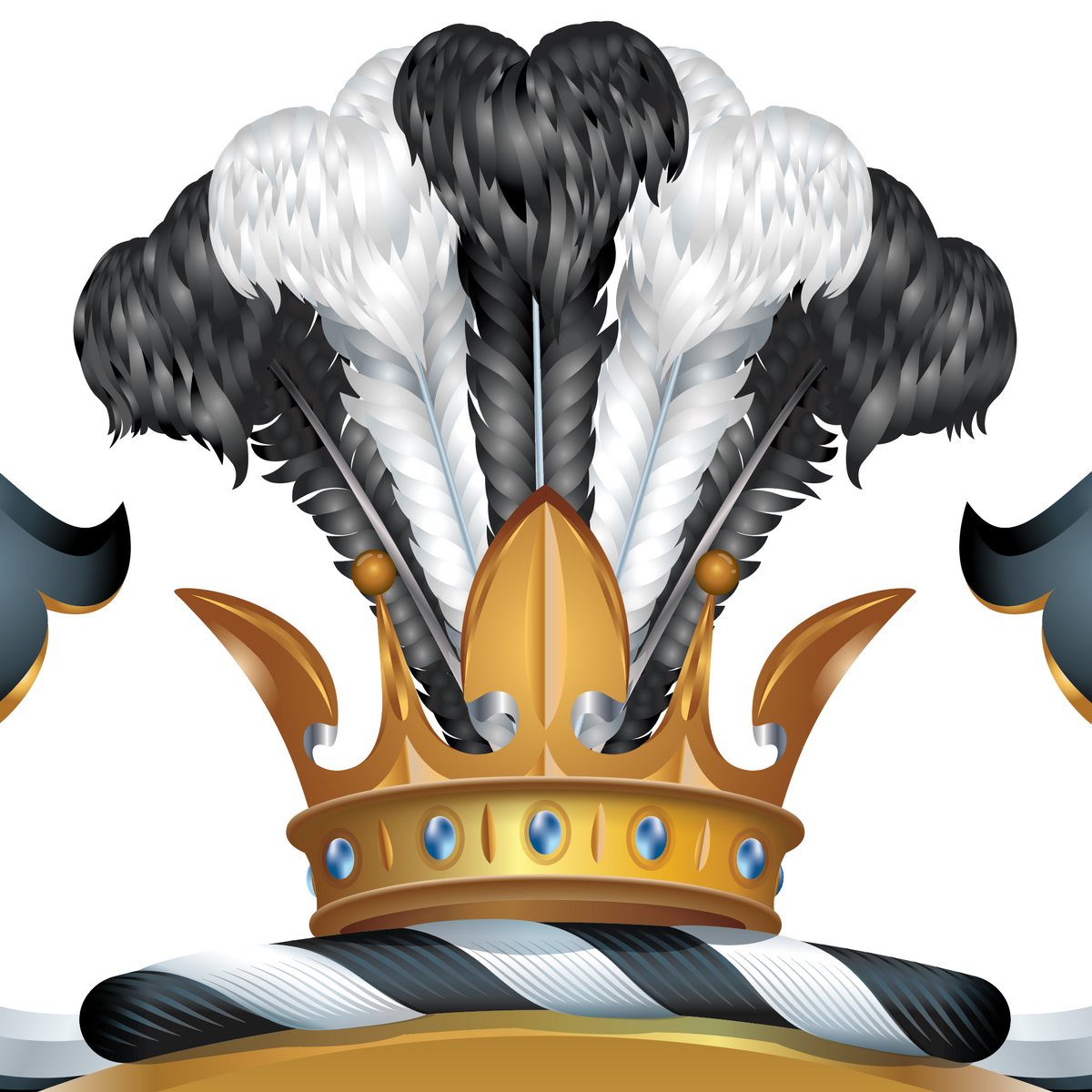 Hughes Family Coat of Arms from Wales featuring a gold crown with black and white feathers sitting on a black-and-white striped cushion.