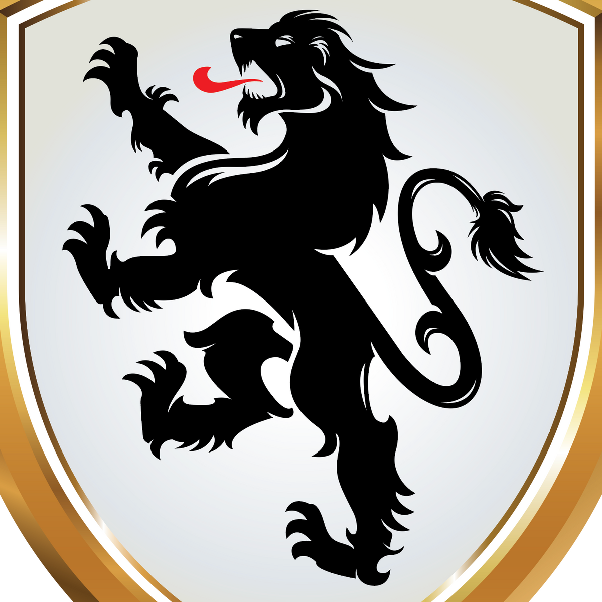 A close-up of the Hughes Family Coat of Arms from Wales featuring a black atanding lion with a red tongue, on a white shield bordered in gold.