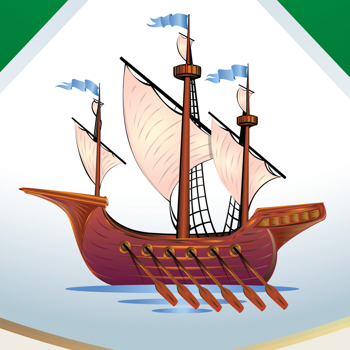 A close-up of part of the the Irish Hughes Family Coat of Arms featuring a wooden sailing ship with beige sails and blue flags, centered on a white background.
