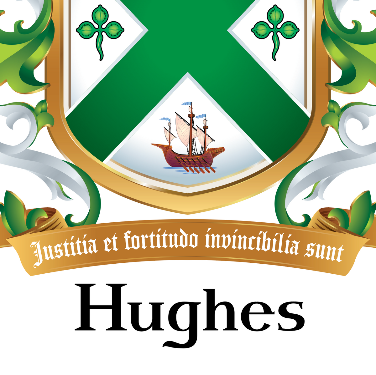 A close-up of the lower part of the Irish Hughes Family Coat of Arms featuring a green and white shield, a gold border, 2 green shamrocks, a s sailing ship, a gold motto scroll reading 'Justitia et fortitudine invincibilia sunt', and the name 'Hughes' below inheraldic style black text on a white background.
