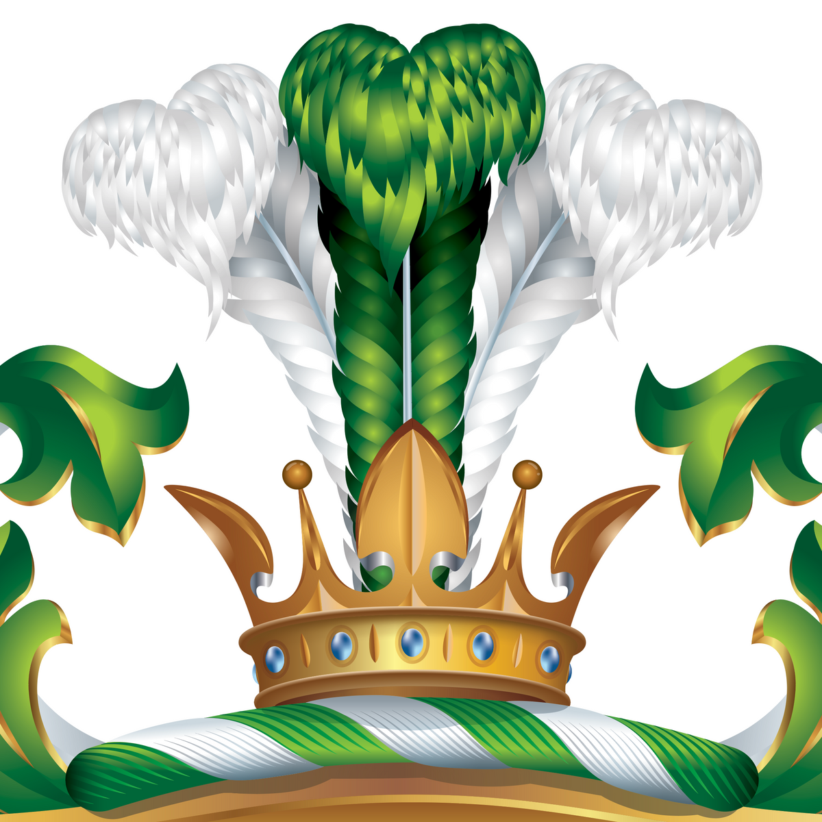 A close-up of part of the the Irish Hughes Family Coat of Arms featuring a gold crown, green and white feathers, and green-and-white mantling on a plain white background.
