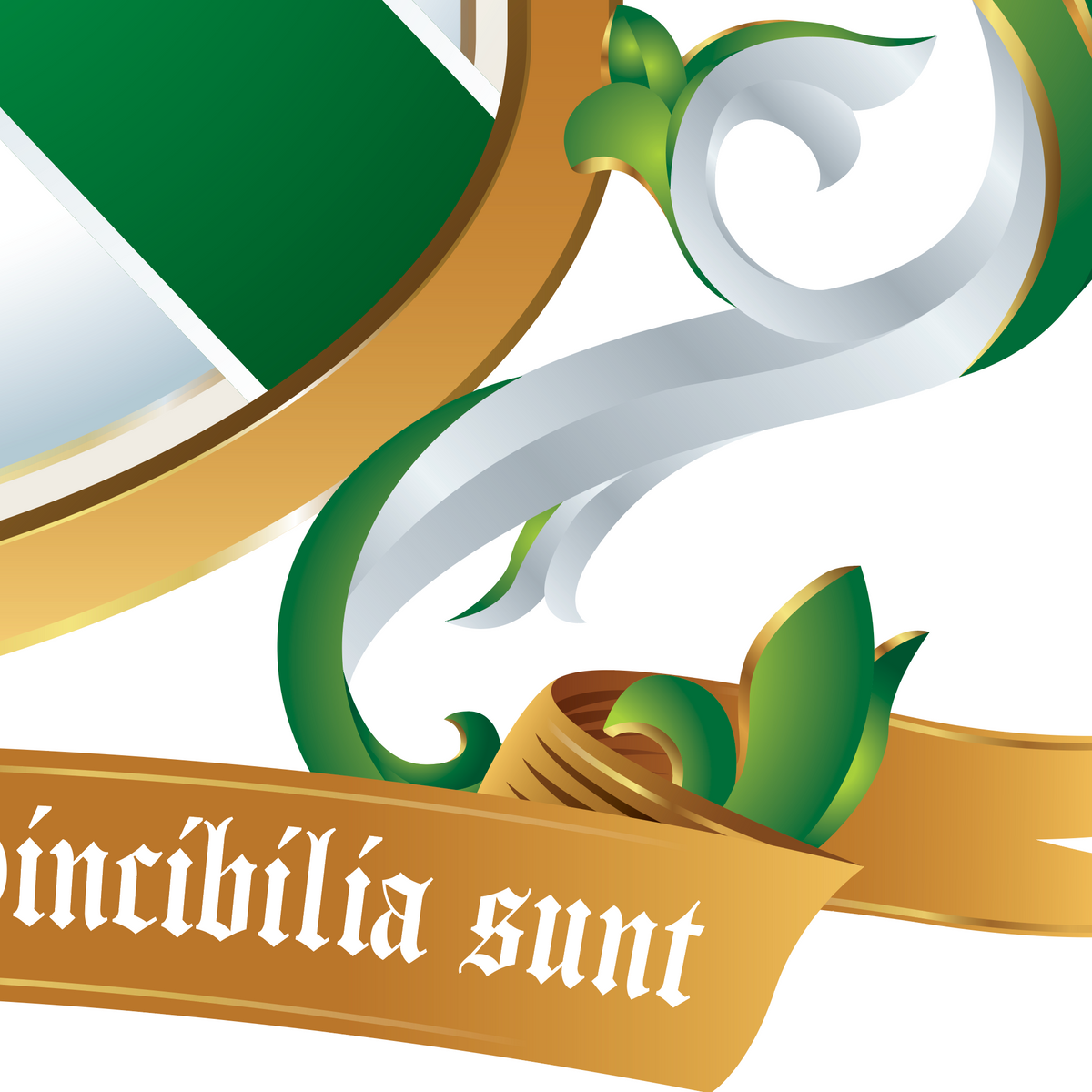 A close-up of part of the the Irish Hughes Family Coat of Arms featuring green and white mantling enveloped by part of the motto ribbon on a white background.