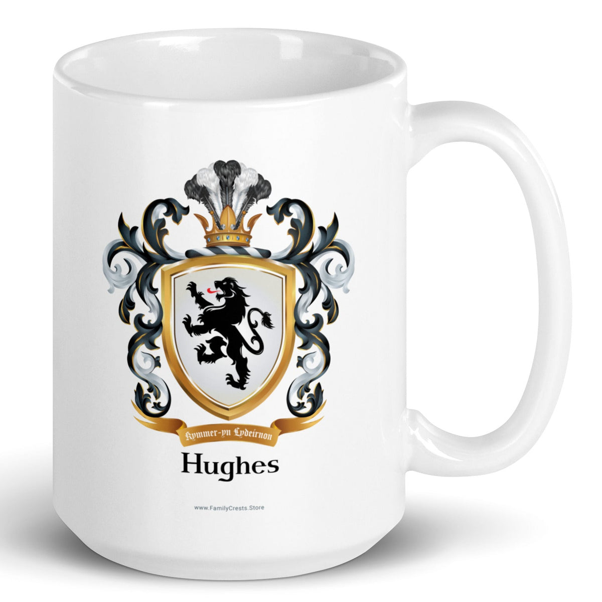 A white mug with handle to right, on a white background, printed with the Welch Hughes Family Crest featuring a black lion on a white shield.